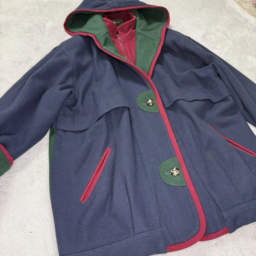 Vintage Hunt Club Women's Size 12 Wool Hooded Coat Navy Green Red 90s Preppy